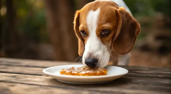 A beagle sniffs a piece of honeycomb on a plate, wondering if dogs have honey.