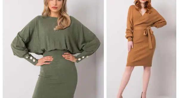 Dwie kobiety w sukienkach: oliwkowa z ozdobnymi guzikami i karmelowa kopertowa z paskiem. Obie w rozmiarze one size.
