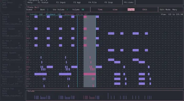 Sekwencer muzyczny "Cacophony" z piano roll, gdzie widać kolorowe bloki nut. To jest kakofonia dźwięków, które można edytować.