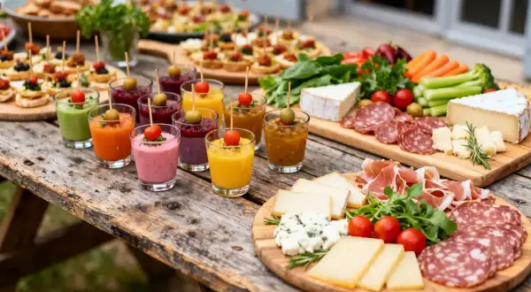 Un apéro maison convivial avec des verrines colorées, fromages, charcuteries et crudités sur une table en bois rustique.