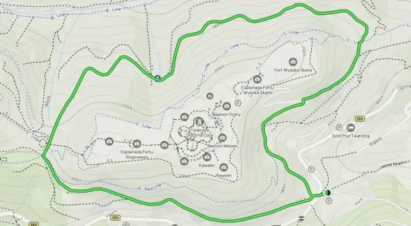 Mapa szlaku turystycznego wokół Twierdzy Srebrna Góra. Zaznaczone atrakcje: Fort Wysoka Skała, Bastion Dolny, Esplanada Fortu Rogowego, Fort Chochoł Mały.