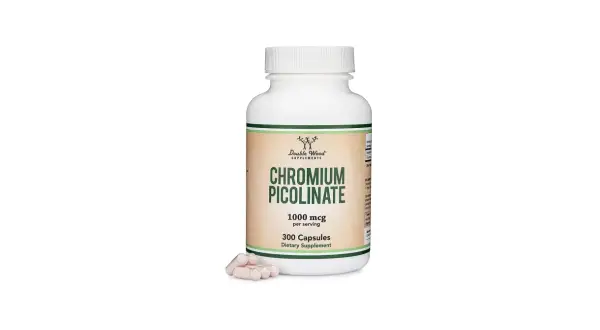 Biała butelka suplementu diety Chrom Picolinate 1000 mcg. Zastanawiasz się, o jakiej porze przyjmować chrom?