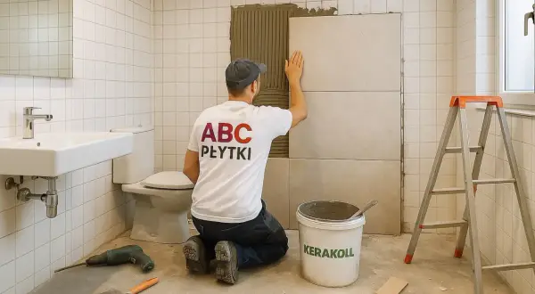 Fachowiec z koszulką "ABC PŁYTKI" kładzie nowe płytki na ścianie w łazience. Czy można położyć płytki na płytki? Tak, jeśli podłoże jest odpowiednio przygotowane.