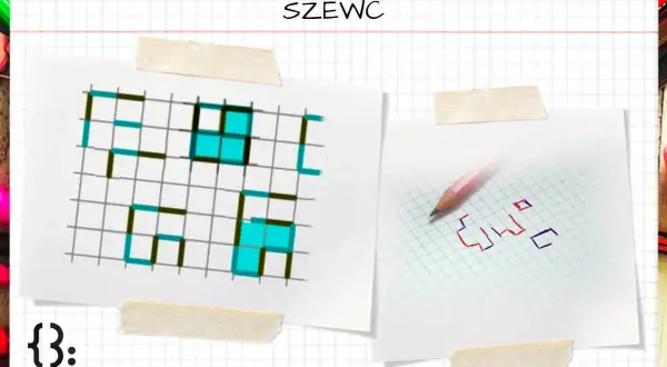 Dwie kartki z siatką: na jednej kolorowanka z literami, na drugiej szkic słowa "szewc" (gra).