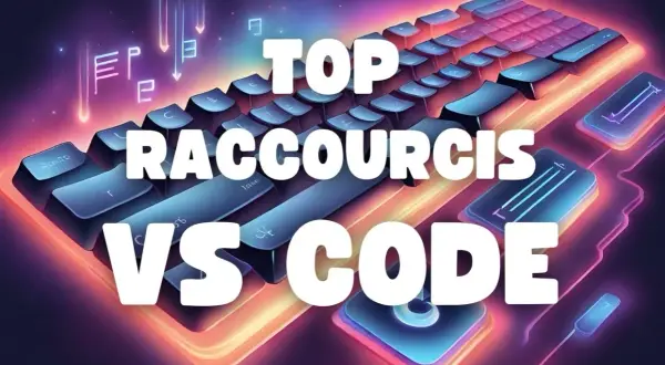 Clavier futuriste illuminé, texte "TOP RACCOURCIS VS CODE" en gros caractères blancs.