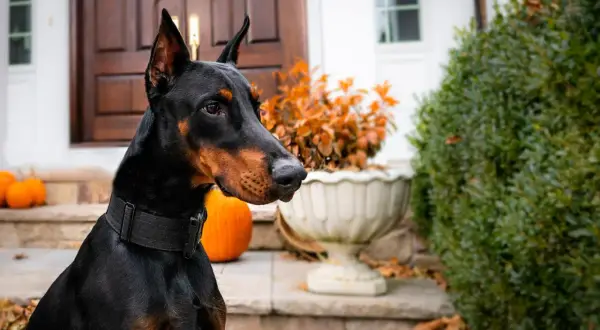 Czarny doberman, jeden z najlepszych psów obronnych, czujnie obserwuje otoczenie przed domem.