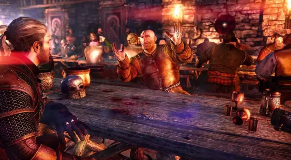 W karczmie, gdzie każdy dzień to "wiedźmin 3 sezamie otwórz się", Geralt obserwuje mężczyznę z płonącą pochodnią.