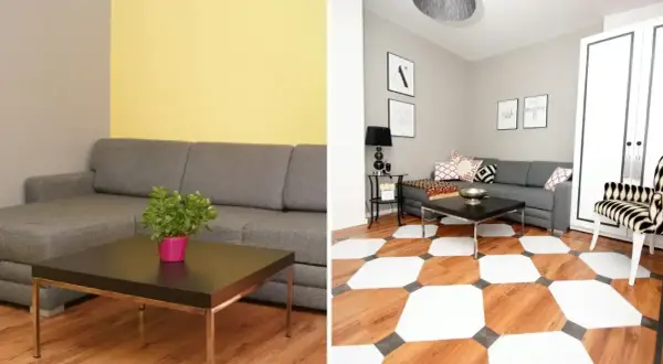 Metamorfoza salonu: szara kanapa, stolik i roślina przed i po zmianie, z nową podłogą i dekoracjami.