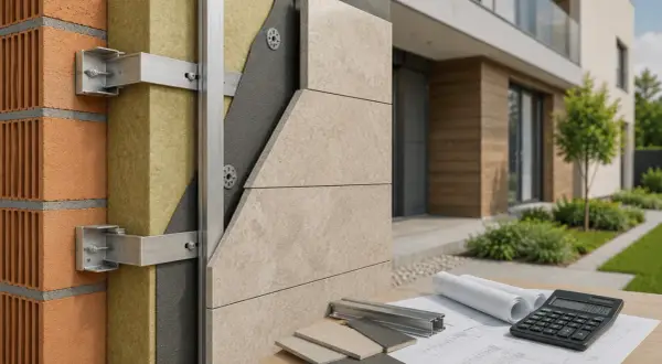 Detalle constructivo de una fachada ventilada, mostrando ladrillo, aislamiento, estructura metálica y revestimiento cerámico. Planos y calculadora sugieren el diseño.