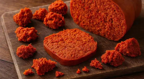 Was ist Nduja? Ein Stück und mehrere Kleckse der scharfen, streichfähigen italienischen Salami aus Schweinefleisch und Chili auf einem Holzbrett.