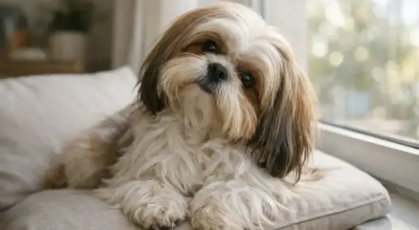 Uroczy shih tzu z długimi, jedwabistymi włosami, które przypominają ludzkie, leży na poduszce.