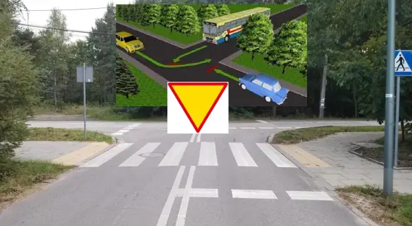 Skrzyżowanie równorzędne z żółtym trójkątem ustąp pierwszeństwa. Żółty samochód skręca, niebieski jedzie prosto, a autobus skręca w lewo.