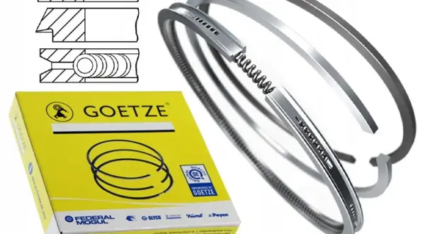 Różne rodzaje pierścieni tłokowych Goetze, w tym rysunki przekrojów i zestaw pierścieni w opakowaniu.