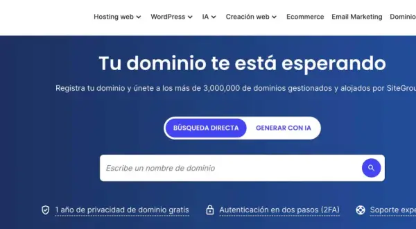 Tu dominio te espera. Usa la IA para crear dominio o búscalo directamente. Más de 3 millones de dominios gestionados por SiteGround.