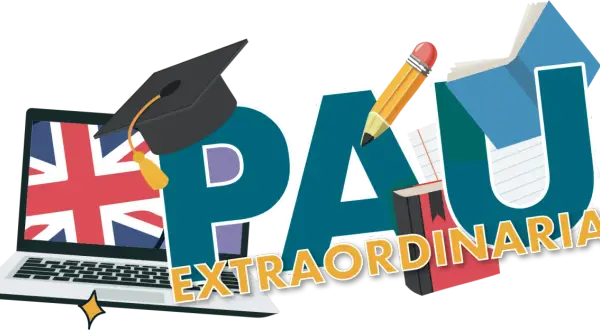¡Prepárate para el examen selectividad inglés! Un portátil con la Union Jack, birrete, libros y un lápiz gigante forman la palabra PAU EXTRAORDINARIA.