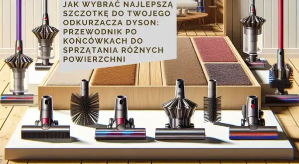 Różne ssawki do odkurzacza Dyson prezentują się obok próbek dywanów.