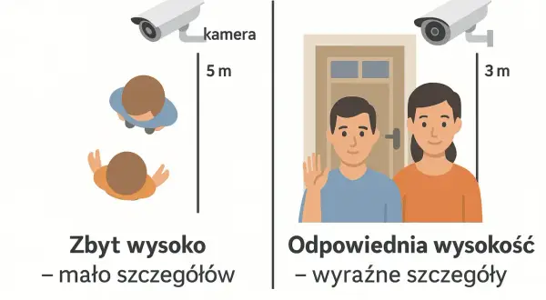Montaż kamery na elewacji: 5m to zbyt wysoko, mało szczegółów. 3m to odpowiednia wysokość, wyraźne szczegóły.