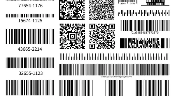 Różne rodzaje kodów QR i kodów kreskowych, od prostych linii po złożone kwadratowe wzory.