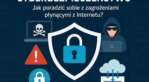 Grafika ilustruje cyberbezpieczeństwo: definicja ochrony przed zagrożeniami online, z ikonami blokady, czaszki i ostrzeżenia.