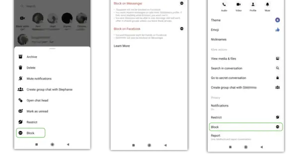 Jak usunąć konto na Messengerze? Zrzuty ekranu pokazują opcje blokowania użytkownika i zarządzania rozmową.