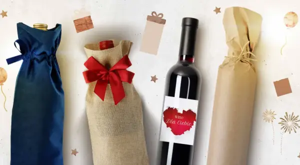 Eleganckie opakowania na wino: granatowy woreczek, jutowy z kokardą i papierowy. Idealne na prezent, jak wino flora.