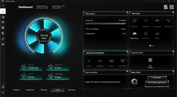 Armoury Crate Dashboard zeigt Lüftergeschwindigkeit des AMD Ryzen 5 5500 mit 1510 RPM.