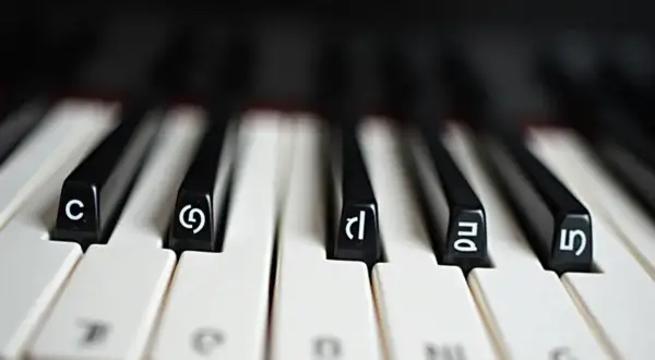Zbliżenie na klawisze pianina z literami C, G, D, A, E. Widzimy, jak podpisać klawisze na pianinie, by łatwiej zacząć naukę.