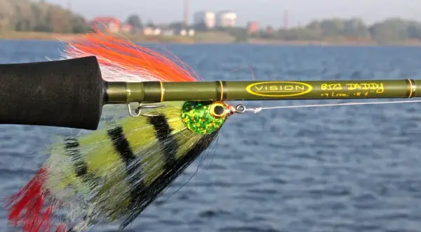 Fliegenfischen auf Hecht mit einer "Big Daddy" Rute. Die bunte Fliege ist bereit für den Biss.