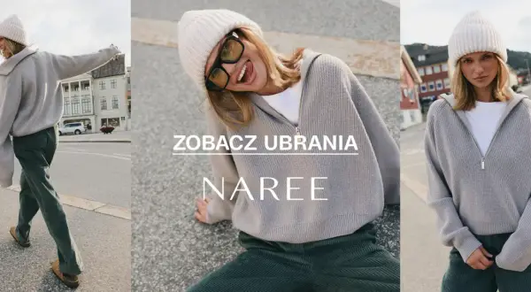 Kobieta w czapce i swetrze z wełny merino spaceruje po mieście. Centralna część zdjęcia pokazuje zbliżenie na jej twarz i ubranie.