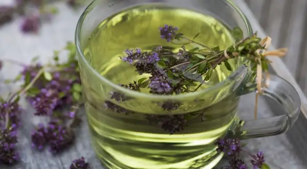 Ein Glas mit goldenem Thymiantee, umgeben von frischen Thymianblüten. Vielleicht ein bisschen zu viel Thymiantee für einen Schluck.