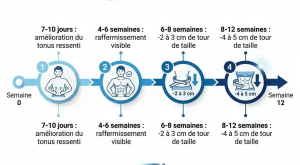 Progression de la perte de centimètres de tour de taille sur 12 semaines. Un contrôle chronotachygraphe de la durée des effets est visible.
