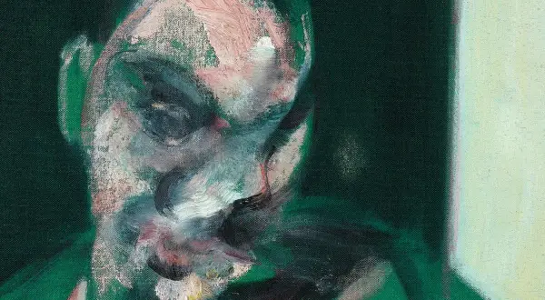 A haunting portrait in the style of artists like Francis Bacon, with blurred features and intense brushstrokes on a dark green background.