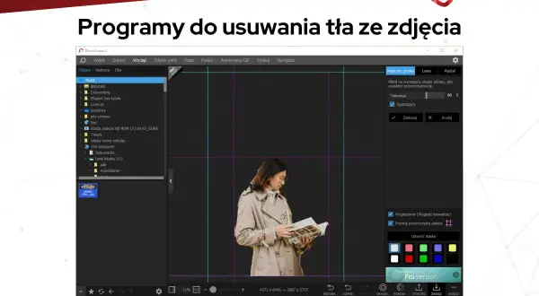 Program do usuwania tła ze zdjęcia PhotoScape X z kobietą i książką. Narzędzie "Magiczna gumka" pozwala na łatwe wycinanie elementów.