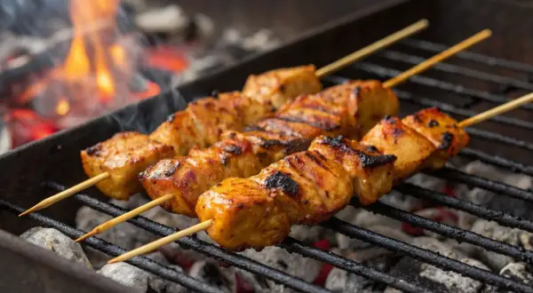 Saftige Hähnchen-Schaschlik-Spieße brutzeln über glühender Kohle. Das ist das beste russische Schaschlik Rezept für den Sommer!