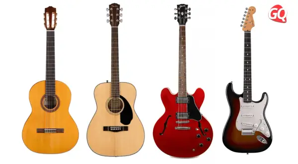 Vier Gitarren: Klassik-, Akustik-, rote E-Gitarre und Fender Stratocaster.
