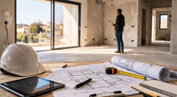 Casco, tablet, progetti e metro: ecco cosa serve per ristrutturare casa. Un uomo osserva i lavori in corso.