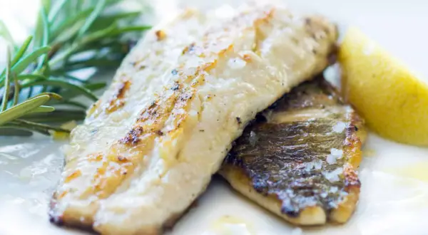 Zander grillen: Zwei saftige Filets mit knuspriger Haut, garniert mit Rosmarin und einer Zitronenspalte. Perfekt gegrillt!
