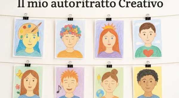Otto disegni colorati di bambini, ognuno con un simbolo che rappresenta la sua personalità. Un autoritratto creativo di idee e sogni.