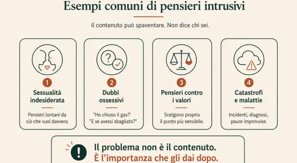 Esempi di pensieri intrusivi: sessualità indesiderata, dubbi ossessivi, pensieri contro i valori, catastrofi e malattie. Il problema è l'importanza che dai loro.