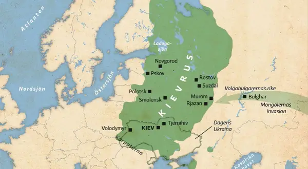 Karta över Kievriket, en viktig del av Ukrainas historia. Området sträcker sig från Östersjön till Svarta havet, med städer som Kiev och Novgorod.