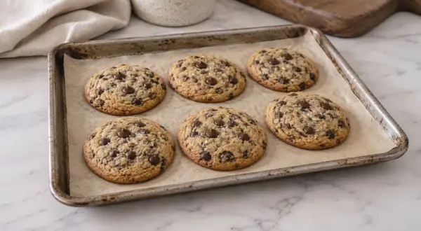 Six délicieux cookies aux pépites de chocolat sur une plaque de cuisson. Peut-être que le secret pour comprendre pourquoi mes cookies sont mous se trouve dans leur texture parfaite.