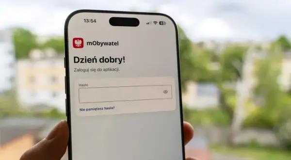 Ekran logowania aplikacji mObywatel. Dzień dobry! Zaloguj się do aplikacji. Pole na hasło.