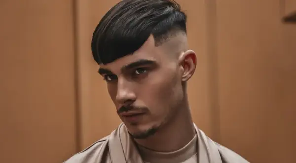 Un jeune homme au regard intense arbore une coupe de cheveux audacieuse : un dégradé haut homme avec une frange asymétrique.