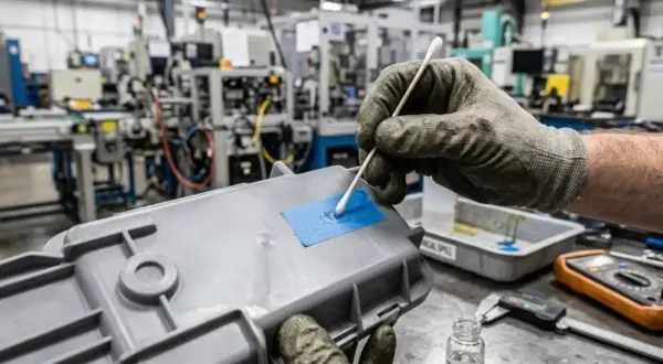 Guanto con cotton fioc applica solvente su nastro blu per rimuovere vernice dalla plastica.