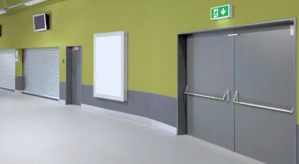 Drzwi ewakuacyjne z zielonym znakiem wyjścia. Zamknięte drzwi ewakuacyjne to kara, która może kosztować życie.