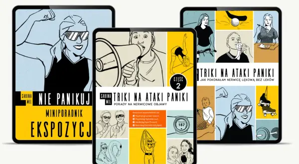 Grafiki na ekranach tabletów promują poradniki o radzeniu sobie z częste ataki paniki. Widać rysunki kobiet, ćwiczących, pijących i z megafonem.