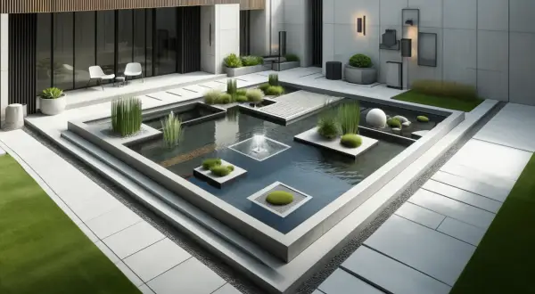 Un paisible pièce d'eau moderne avec des jets d'eau, des îlots végétaux et une sphère blanche, entouré de dalles grises et de verdure.