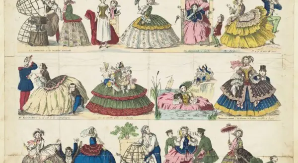 Ilustracja ukazuje różne scenki z życia kobiet w krynolinach, od narodzin mody po codzienne perypetie.