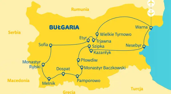 Mapa Bułgarii z zaznaczonymi atrakcjami: Sofia, Monastyr Rylski, Melnik, Płowdiw, Pamporowo, Warna, Nesebyr i inne.