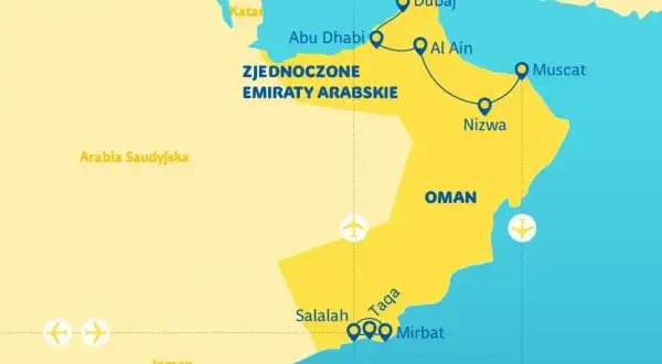 Mapa pokazuje, gdzie jest Oman, sąsiednie Zjednoczone Emiraty Arabskie, Arabia Saudyjska i Jemen. Zaznaczone miasta to Dubaj, Al Ain, Nizwa, Maskat, Salalah, Taqa i Mirbat.